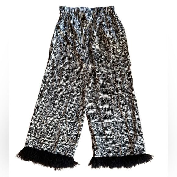 BEATRICE B Italy Women's Wide Leg Ostrich Feather Trim Satin Sheen Pull On Pant - Picture 6 of 9